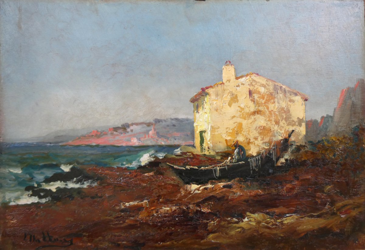 Louis Nattero (1870-1915)  Pêcheur ravaudant ses filets sur sa barque tirée à terre-photo-6