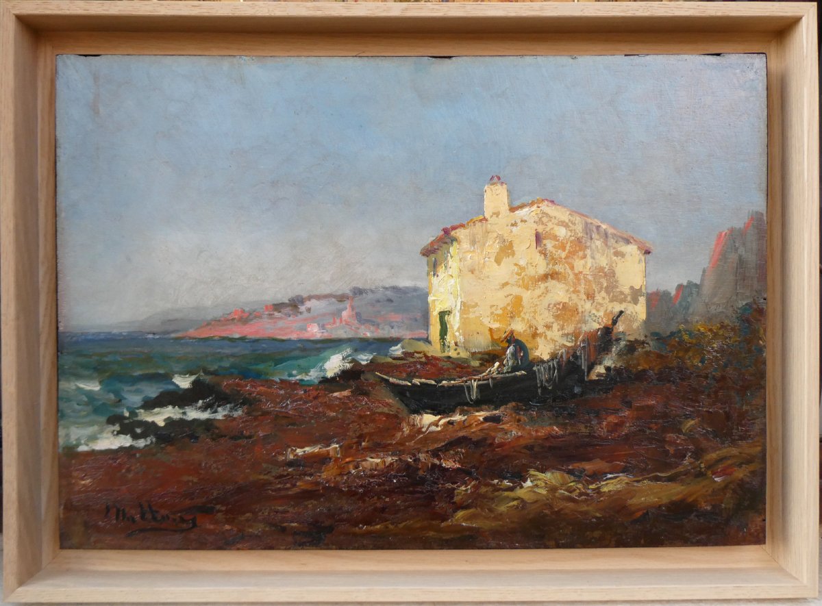 Louis Nattero (1870-1915)  Pêcheur ravaudant ses filets sur sa barque tirée à terre-photo-7
