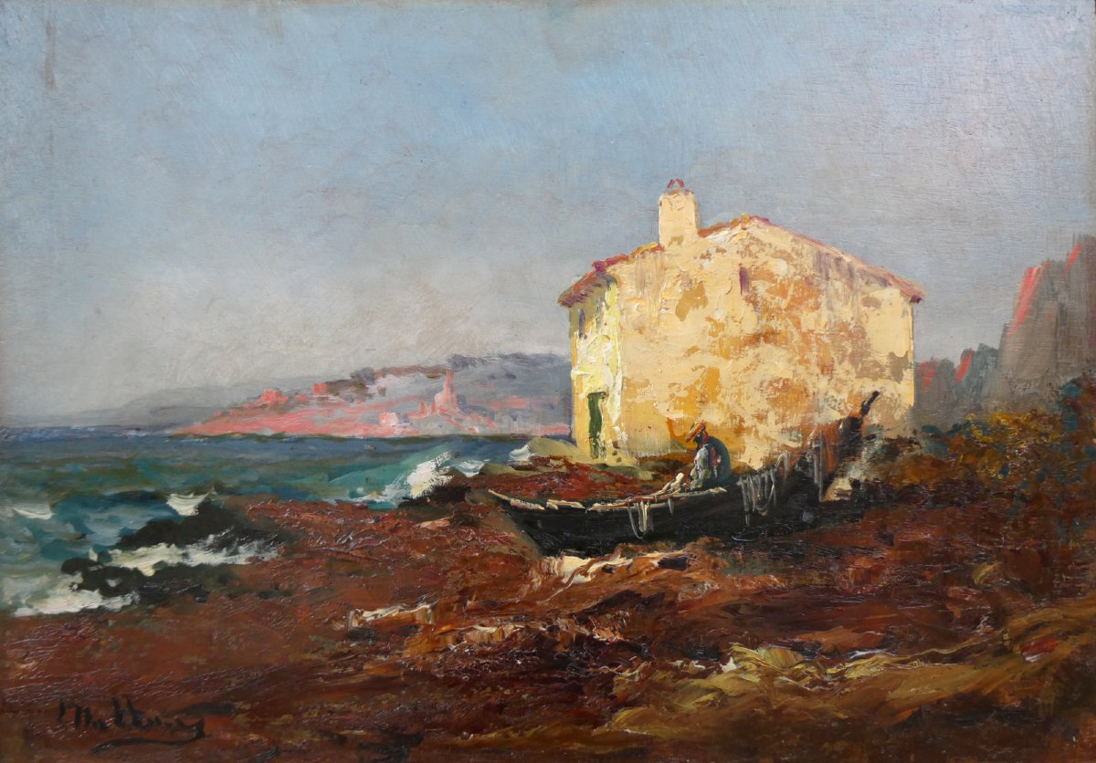Louis Nattero (1870-1915)  Pêcheur ravaudant ses filets sur sa barque tirée à terre
