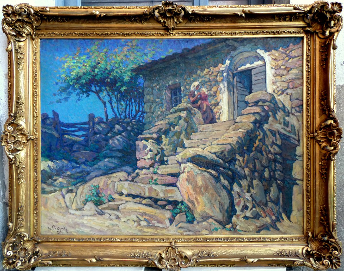 Marcel Dominique Poggioli (1882-1969) Femme et enfant devant une maison en Corse-photo-2