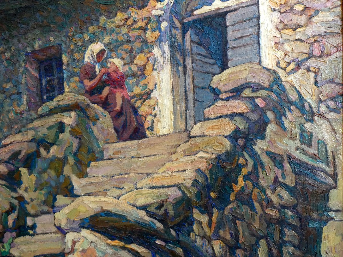 Marcel Dominique Poggioli (1882-1969) Femme et enfant devant une maison en Corse-photo-4