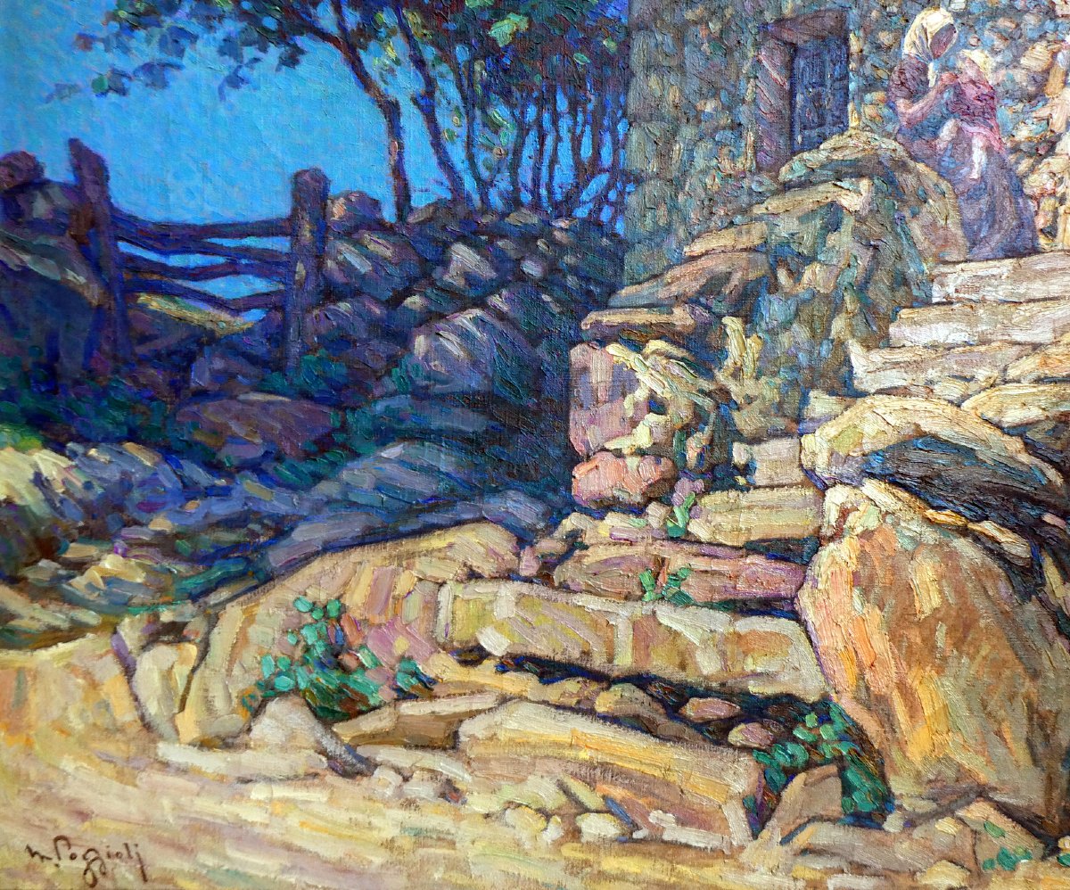 Marcel Dominique Poggioli (1882-1969) Femme et enfant devant une maison en Corse-photo-1