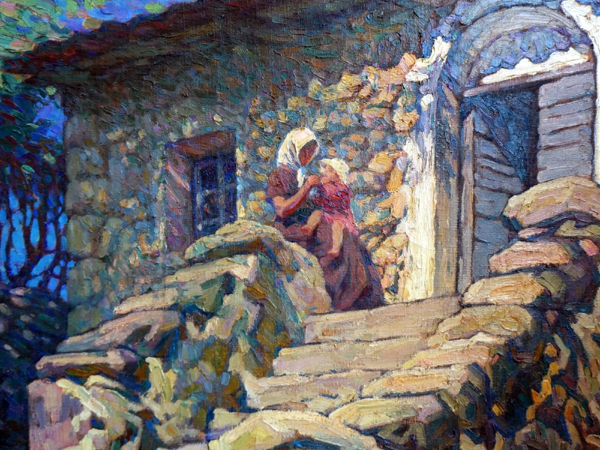 Marcel Dominique Poggioli (1882-1969) Femme et enfant devant une maison en Corse-photo-3