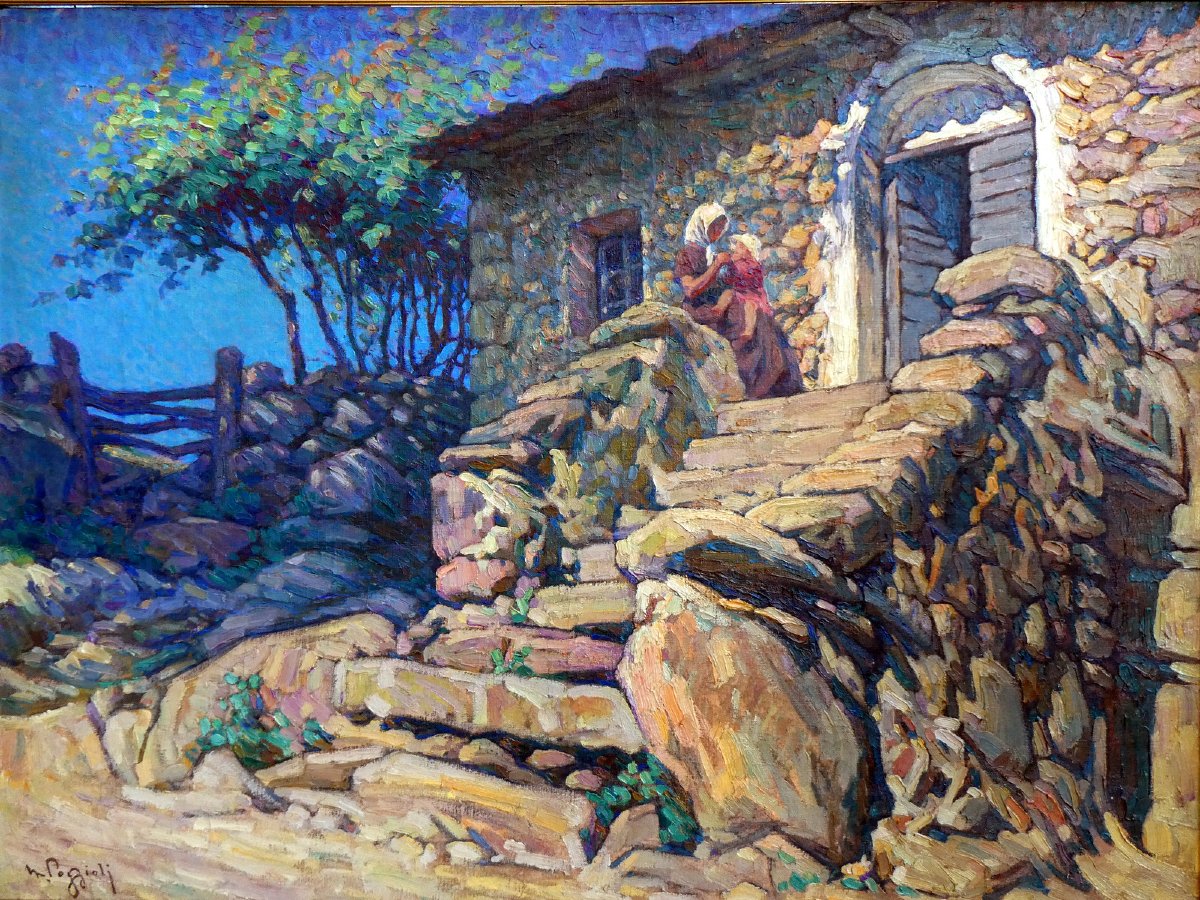 Marcel Dominique Poggioli (1882-1969) Femme et enfant devant une maison en Corse-photo-6
