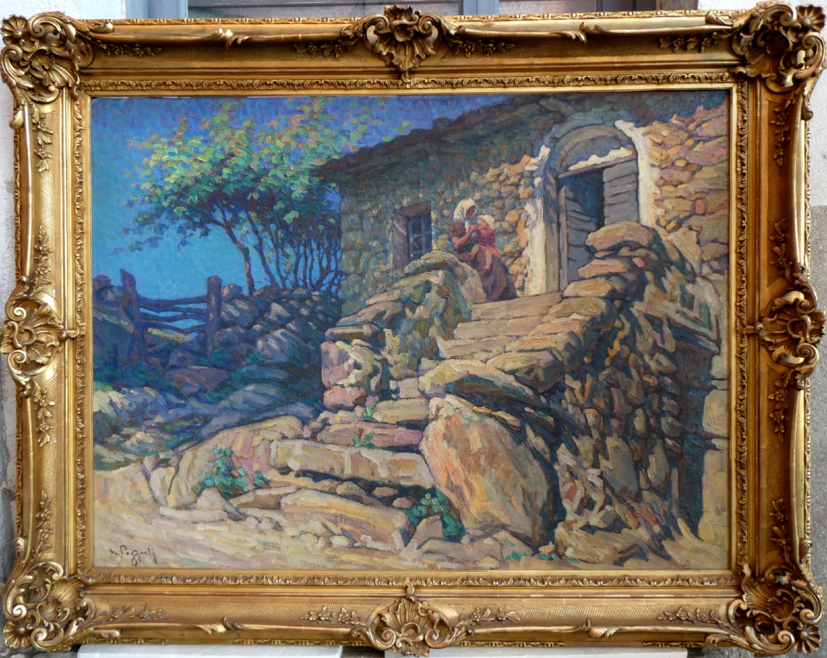 Marcel Dominique Poggioli (1882-1969) Femme et enfant devant une maison en Corse-photo-7