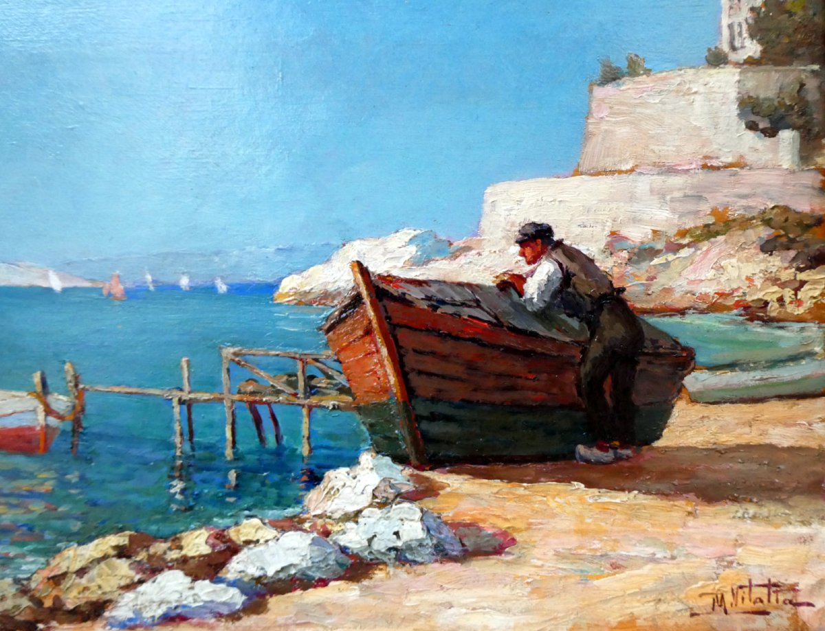 Michel Vilalta (1871-1942) Pêcheur accoudé sur sa barque sur la Corniche à Marseille-photo-3