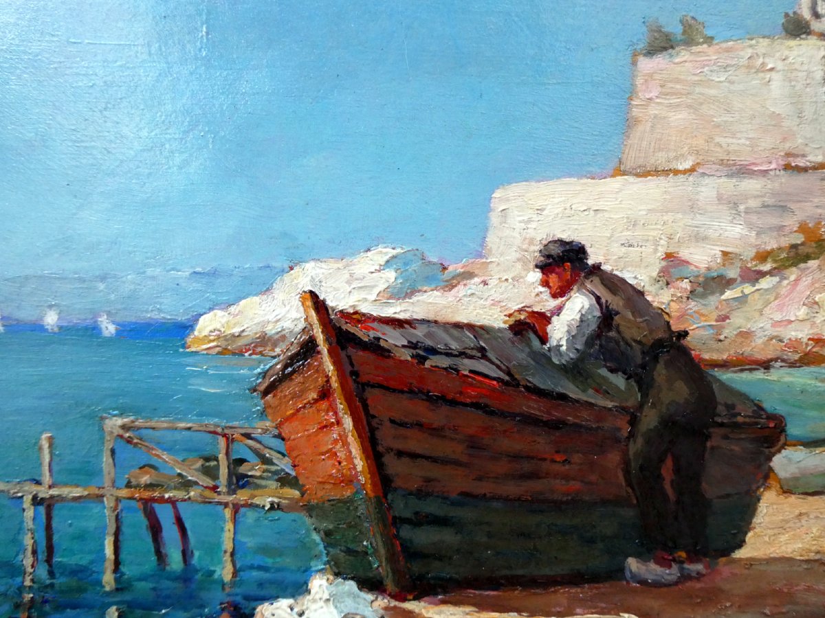 Michel Vilalta (1871-1942) Pêcheur accoudé sur sa barque sur la Corniche à Marseille-photo-4