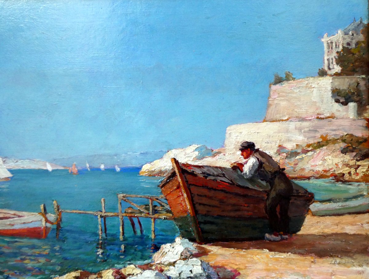 Michel Vilalta (1871-1942) Pêcheur accoudé sur sa barque sur la Corniche à Marseille-photo-1