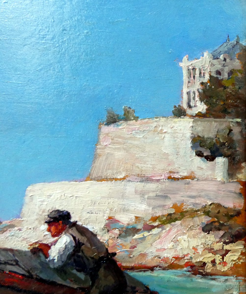 Michel Vilalta (1871-1942) Pêcheur accoudé sur sa barque sur la Corniche à Marseille-photo-2