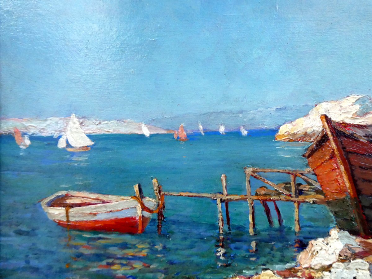 Michel Vilalta (1871-1942) Pêcheur accoudé sur sa barque sur la Corniche à Marseille-photo-3