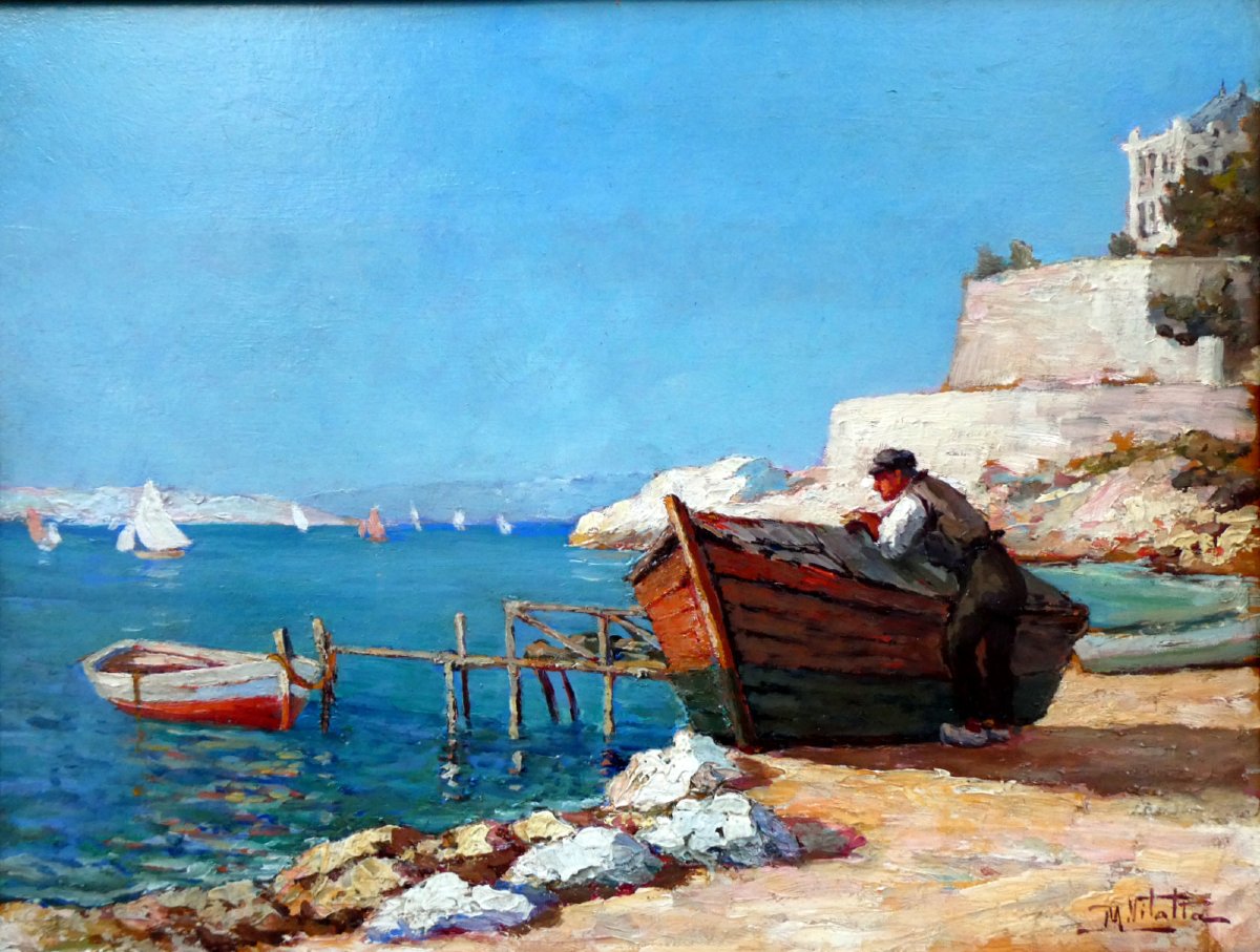 Michel Vilalta (1871-1942) Pêcheur accoudé sur sa barque sur la Corniche à Marseille-photo-5