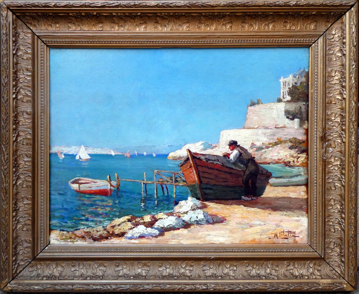 Michel Vilalta (1871-1942) Pêcheur accoudé sur sa barque sur la Corniche à Marseille-photo-6