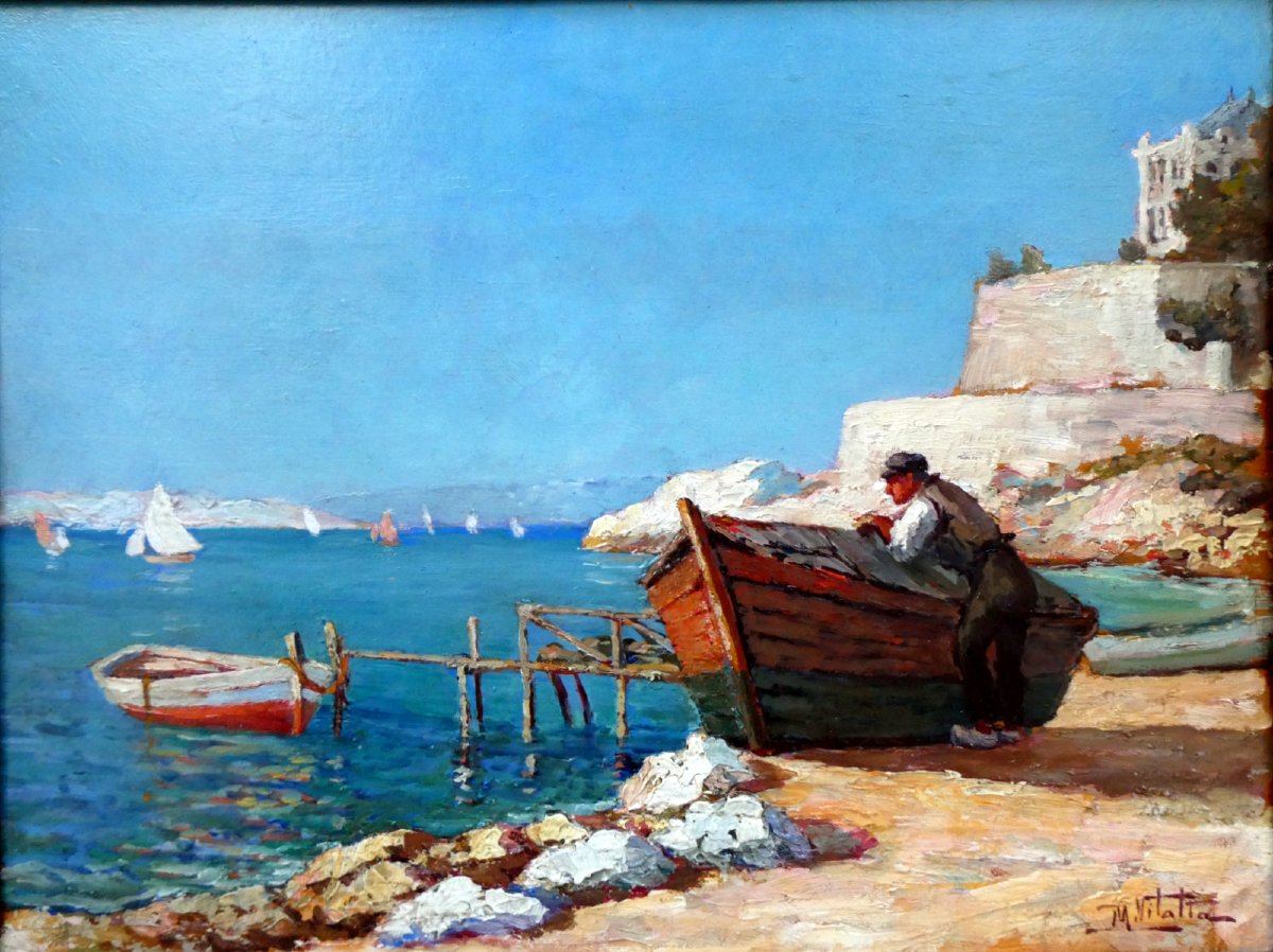 Michel Vilalta (1871-1942) Pêcheur accoudé sur sa barque sur la Corniche à Marseille