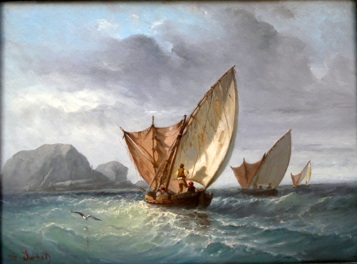 Joseph Suchet (1824-1896) Scène de pêche en mer aux environs des Goudes à Marseille-photo-7
