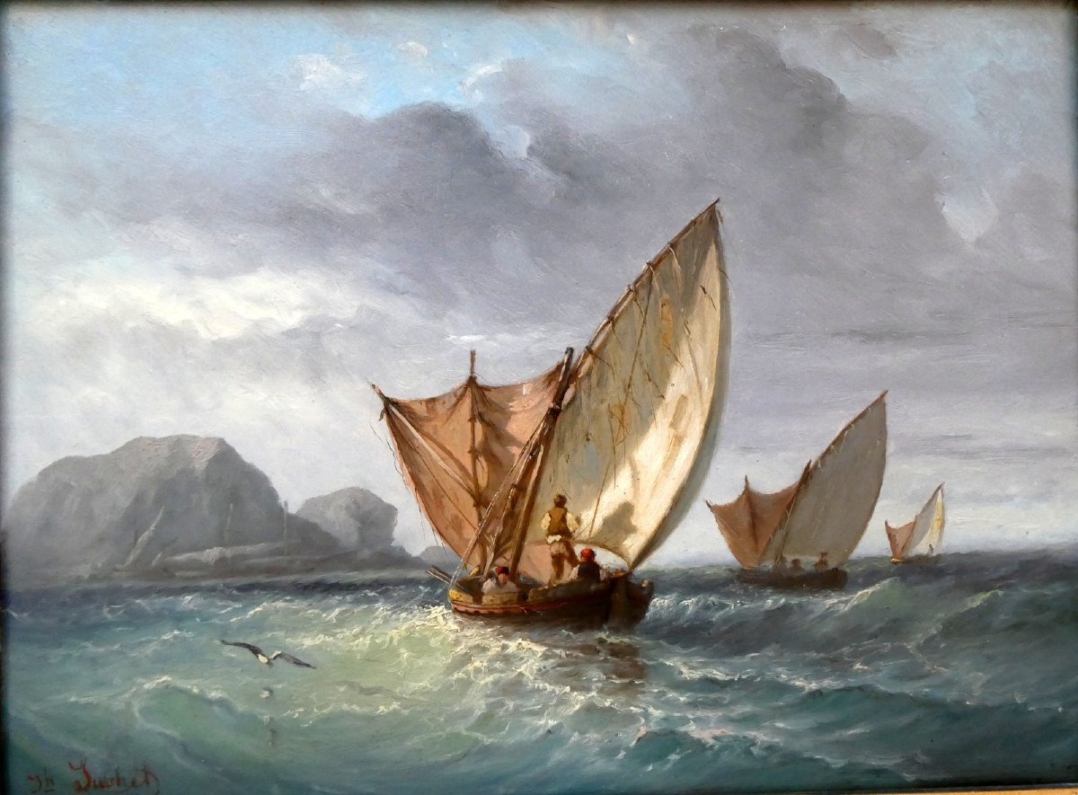 Joseph Suchet (1824-1896) Scène de pêche en mer aux environs des Goudes à Marseille