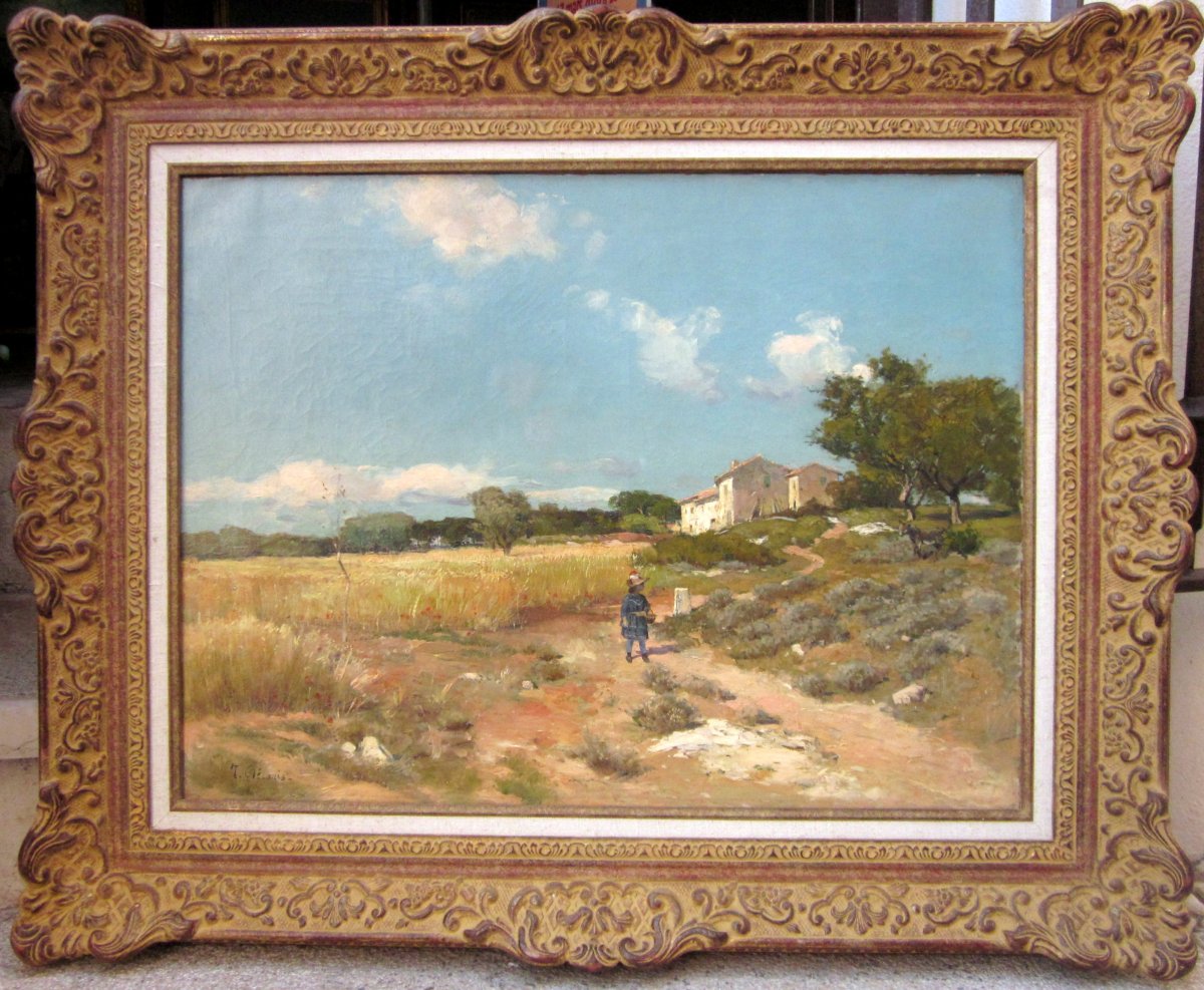 Théophile Décanis (1847-1917) Mas Dans Un  Paysage Provençal Animé d'Une Enfant Et d'Un Ane-photo-2