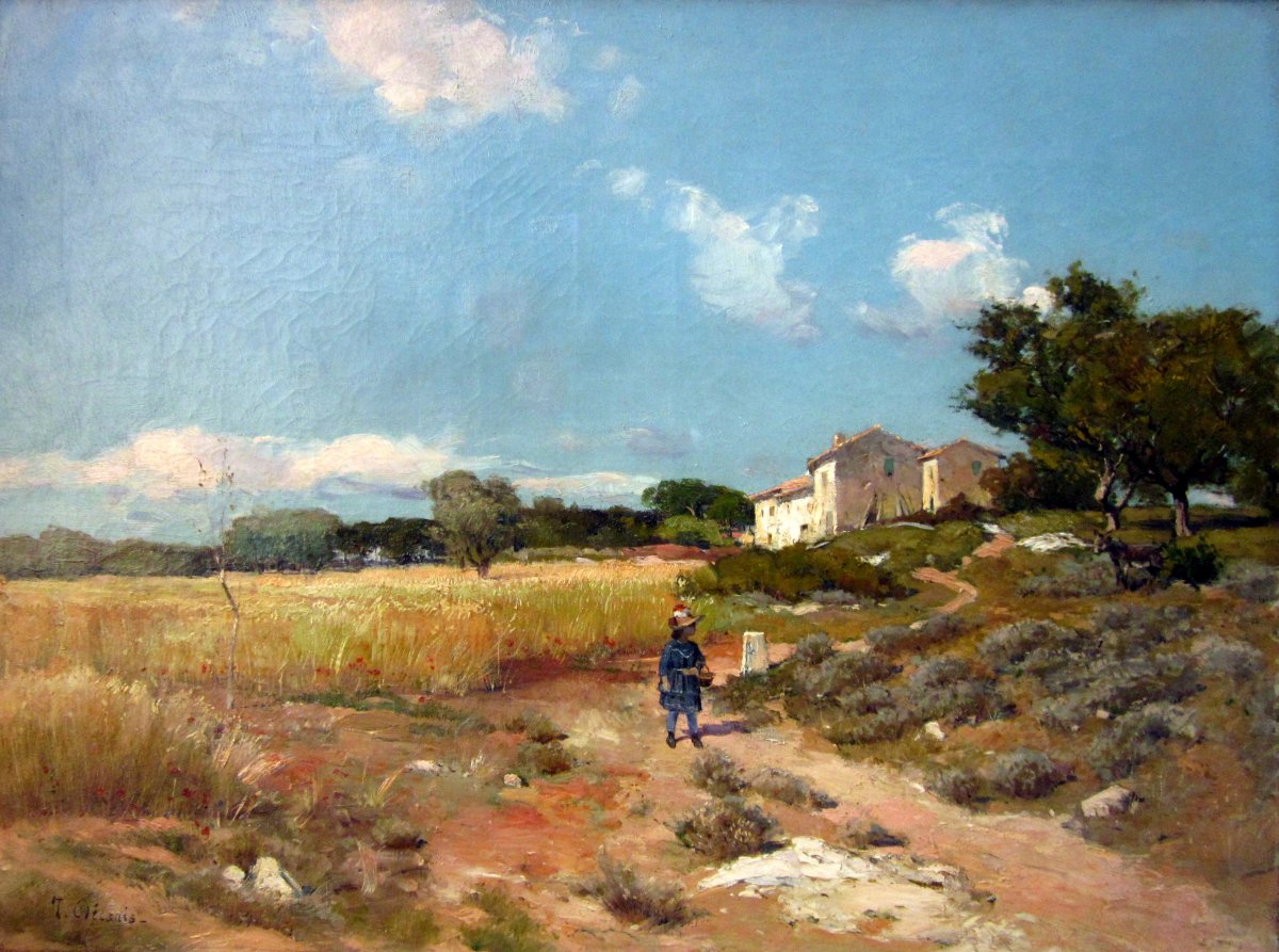 Théophile Décanis (1847-1917) Mas In A Provencal Landscape Animated With A Child And A Donkey