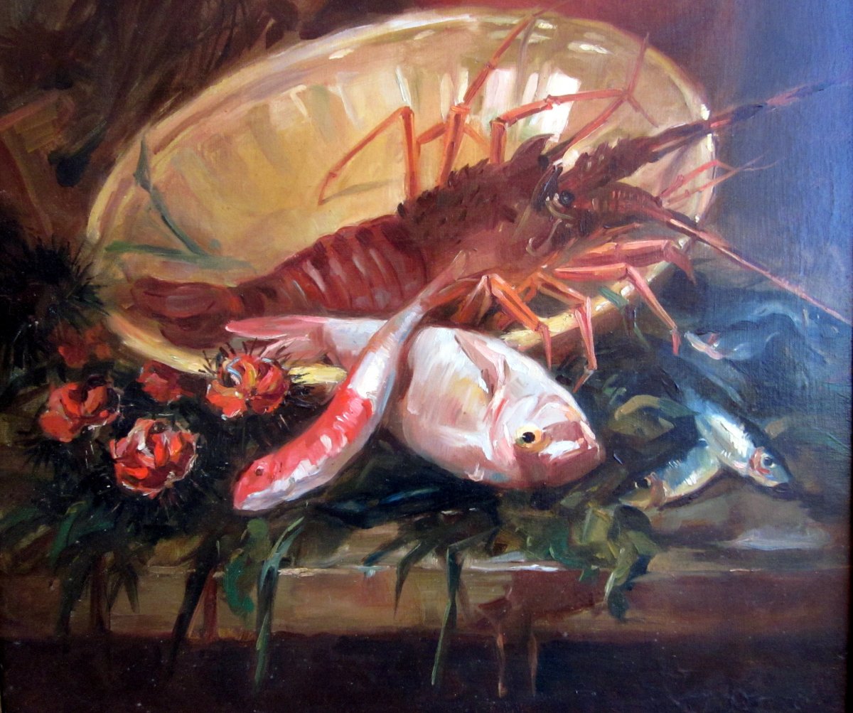 Simon (xixe) Nature Morte Aux Poissons, Oursins Et Langouste-photo-3