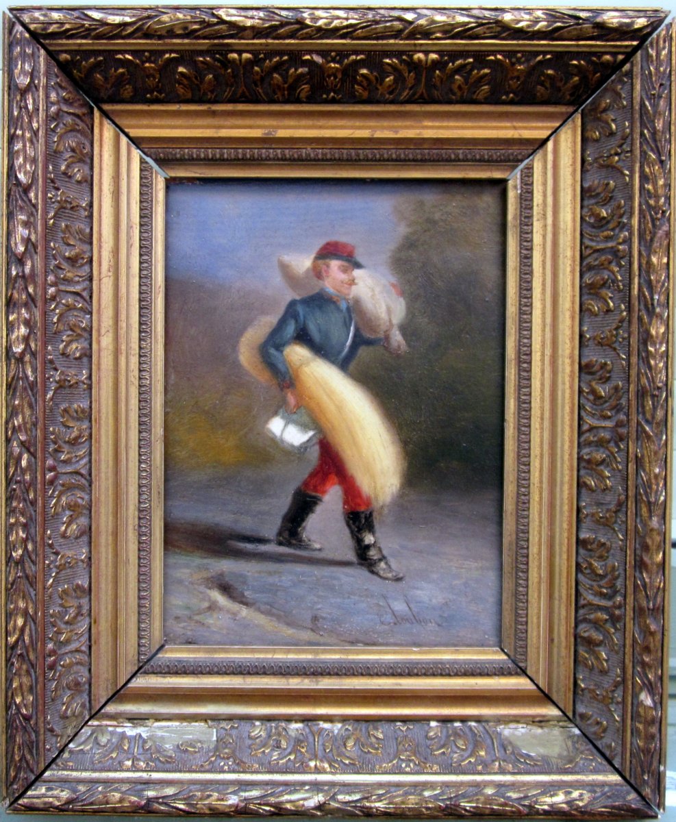 Emile Loubon (1809-1863) Soldier Carrying Straw And A Sack Of Oats