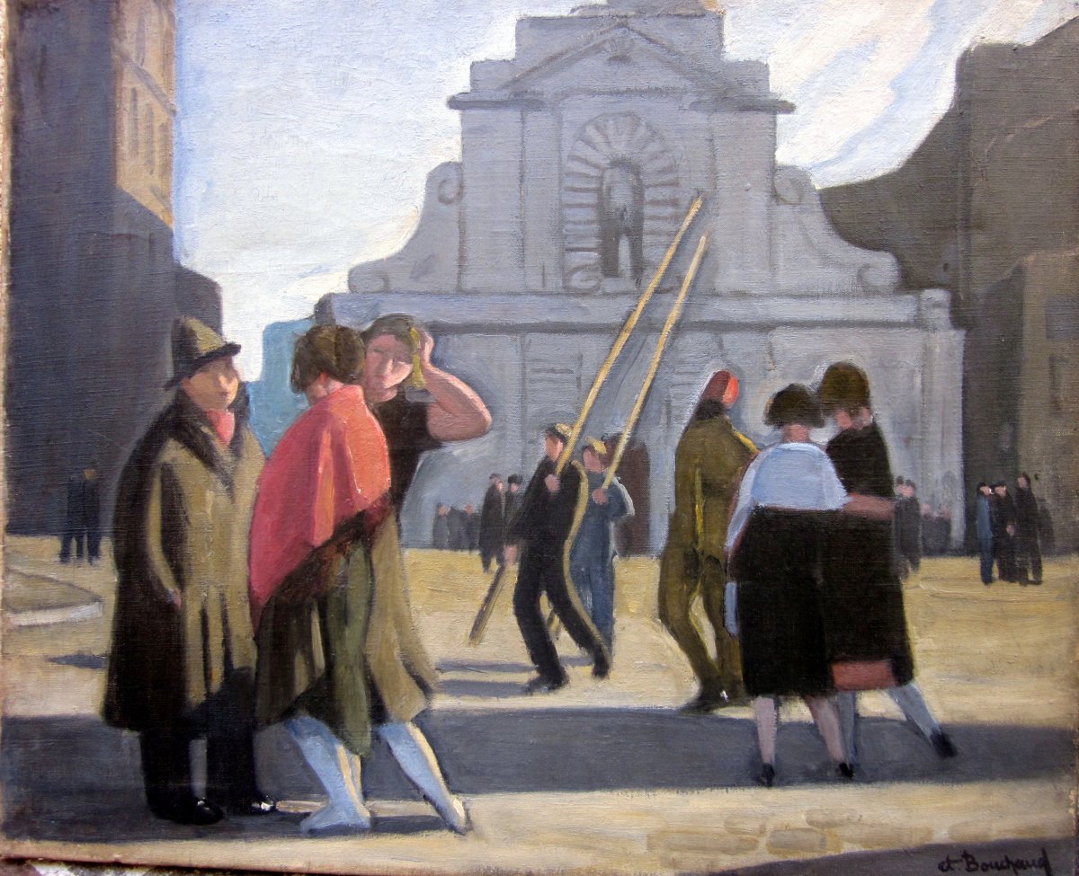 Etienne Bouchaud (1898-1989) Personnages Devant l'Eglise Des Augustins Sur Le Port De Marseille