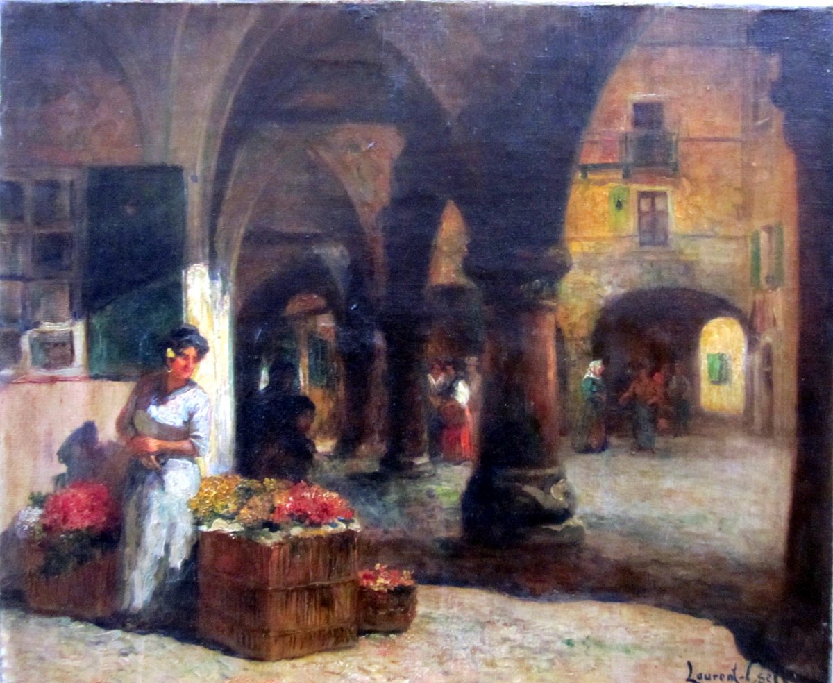Laurent Gsell '1860-1944) Flower Seller Under The Arcades-photo-3