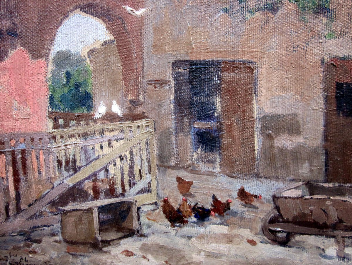 Sauveur Bernay Théric (1874-1963) Farmyard Animated By Chickens And Pigeons-photo-4