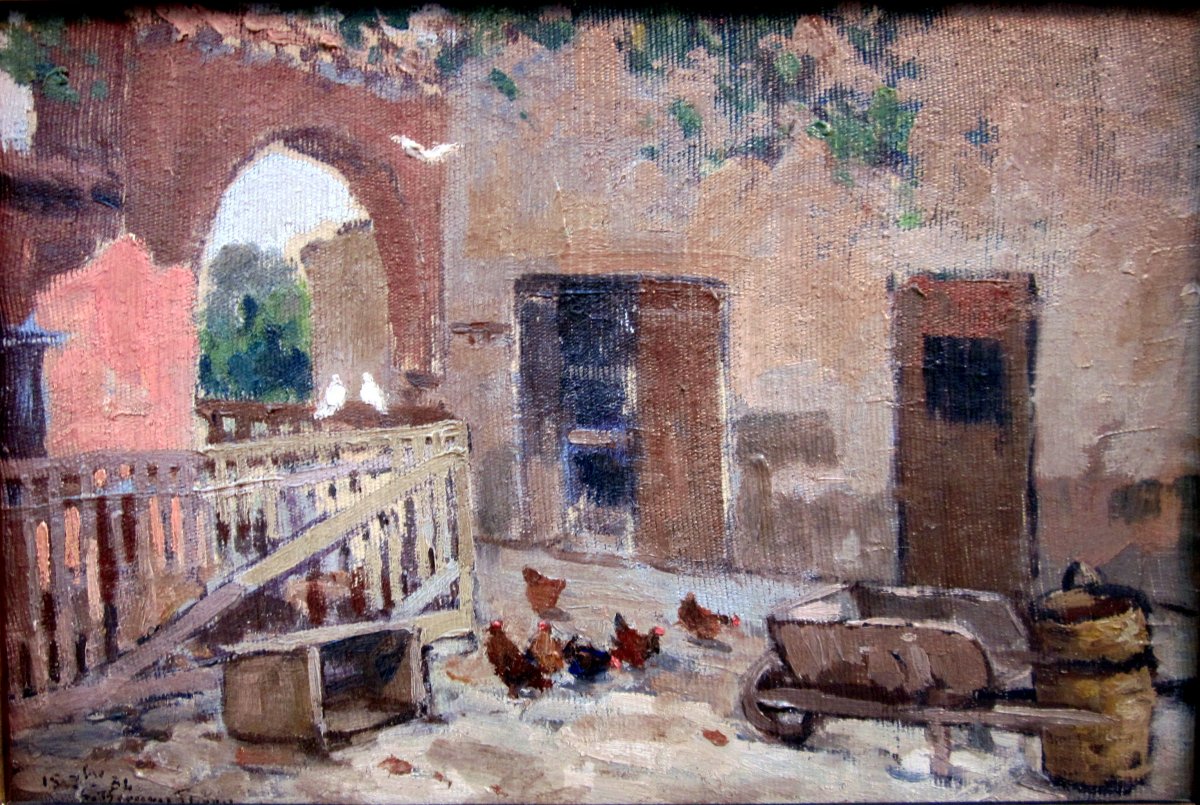 Sauveur Bernay Théric (1874-1963) Cour De Ferme Avec Poules Et Pigeons