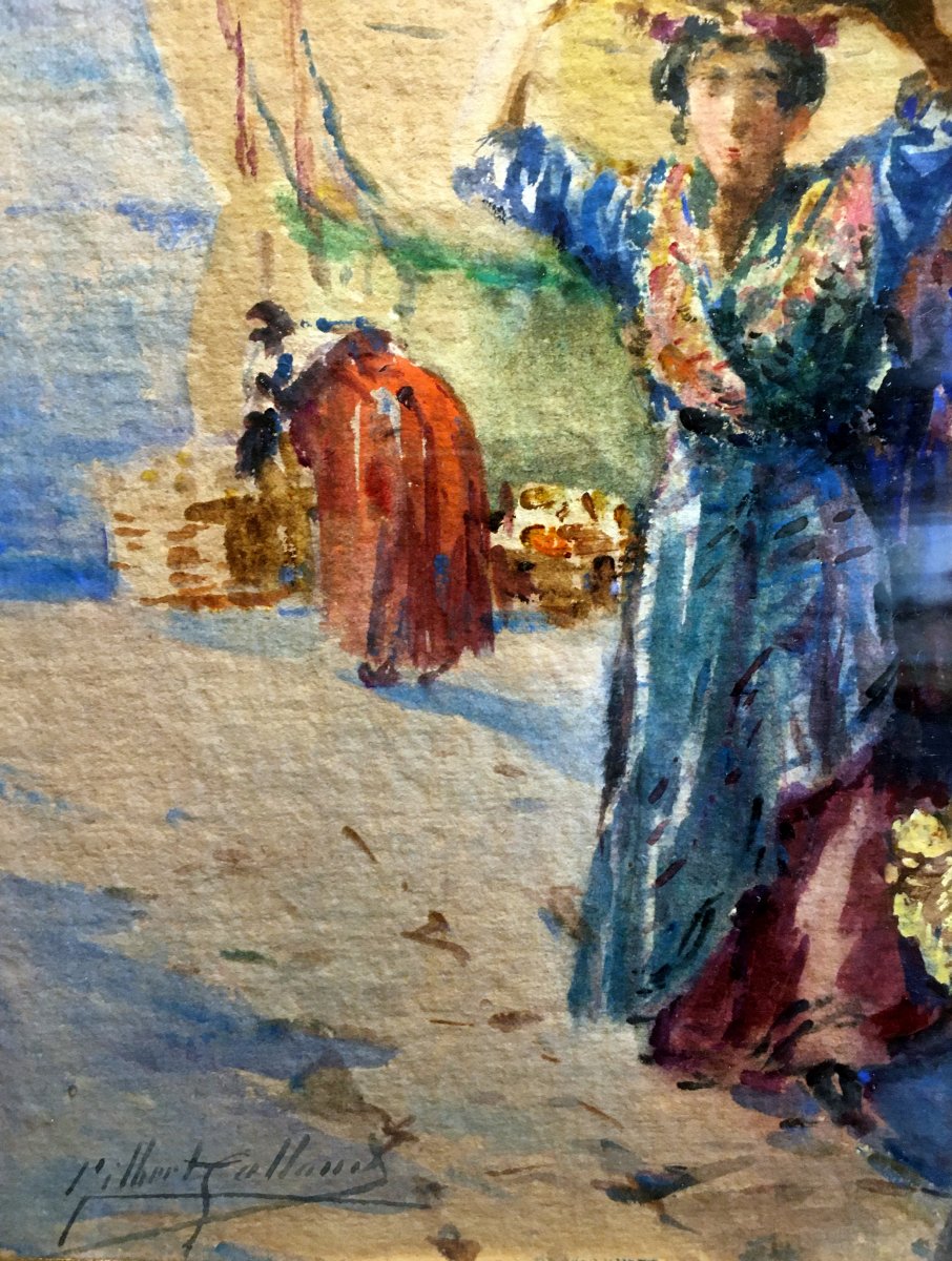 Gilbert Galland (1870-1950) Femmes Sur Le Quai à Marseille - Aquarelle-photo-3