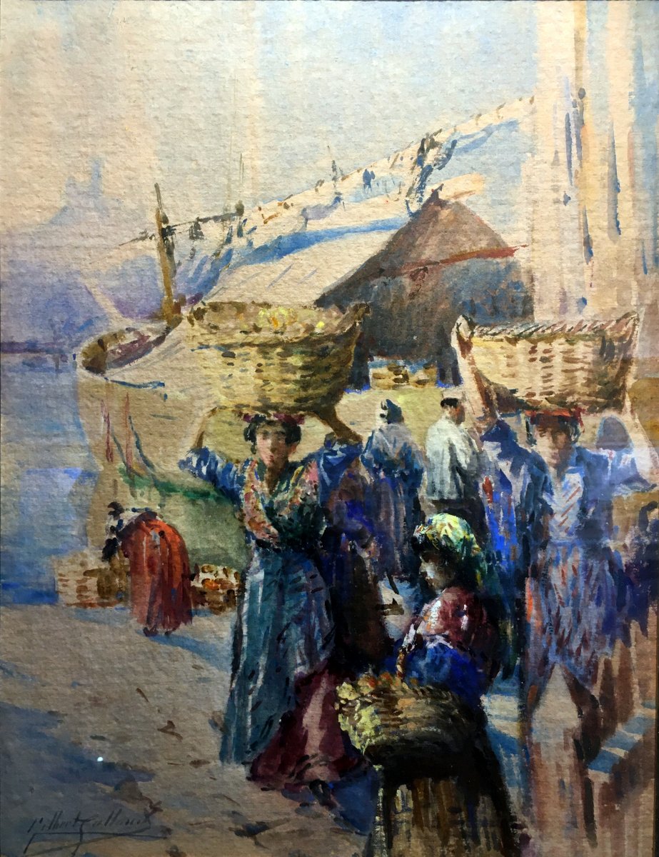 Gilbert Galland (1870-1950) Femmes Sur Le Quai à Marseille - Aquarelle-photo-4