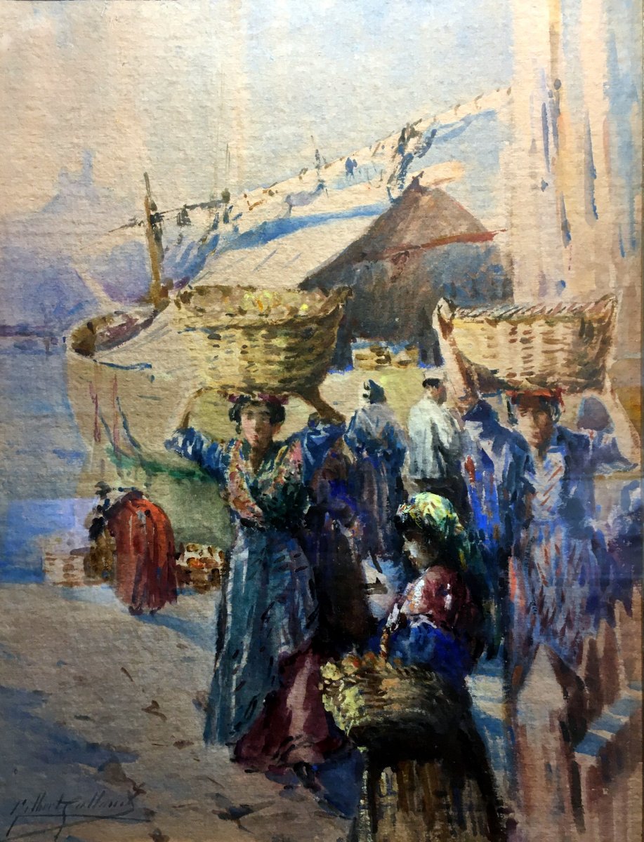 Gilbert Galland (1870-1950) Femmes Sur Le Quai à Marseille - Aquarelle