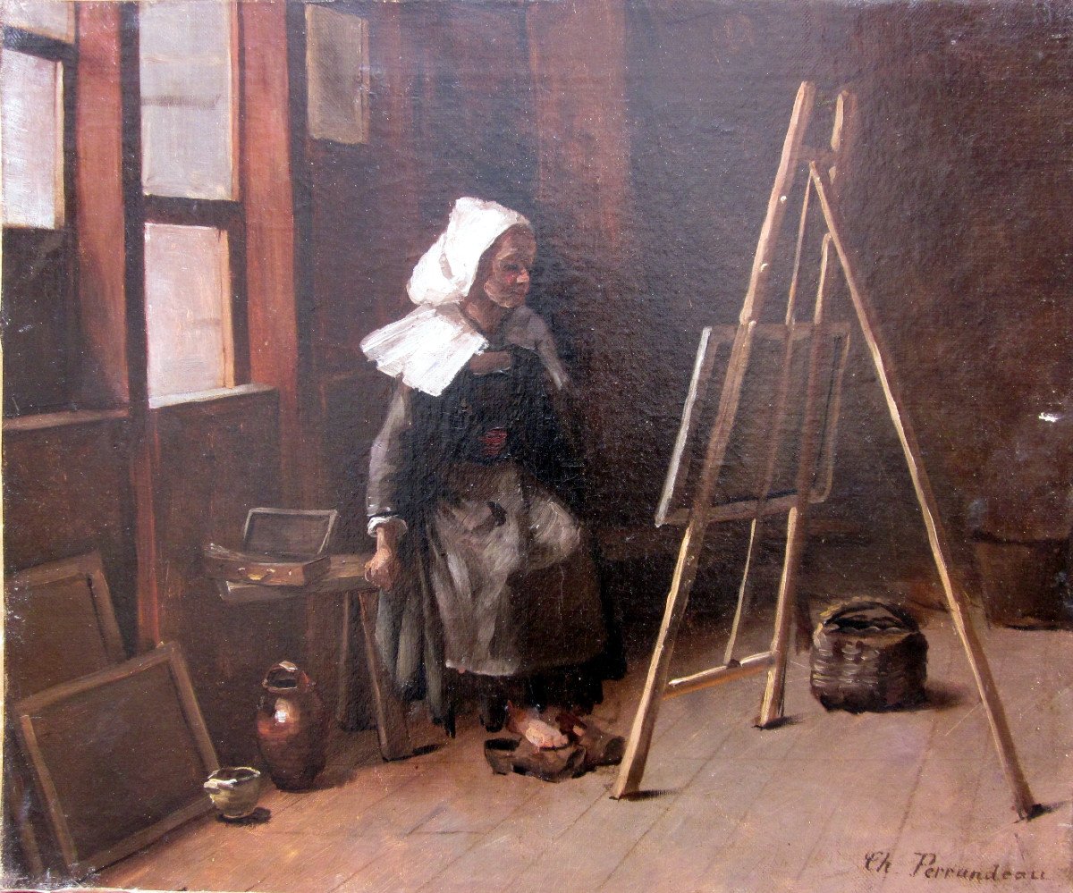 Charles Perrandeau (1865-1903) Jeune Bretonne Dans l'Atelier d'Un Artiste