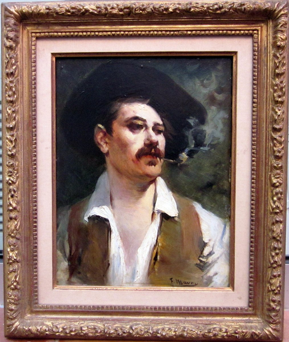 François Maury (1861-1933) Portrait Of A Man In A Hat Smoking A Pipe-photo-2