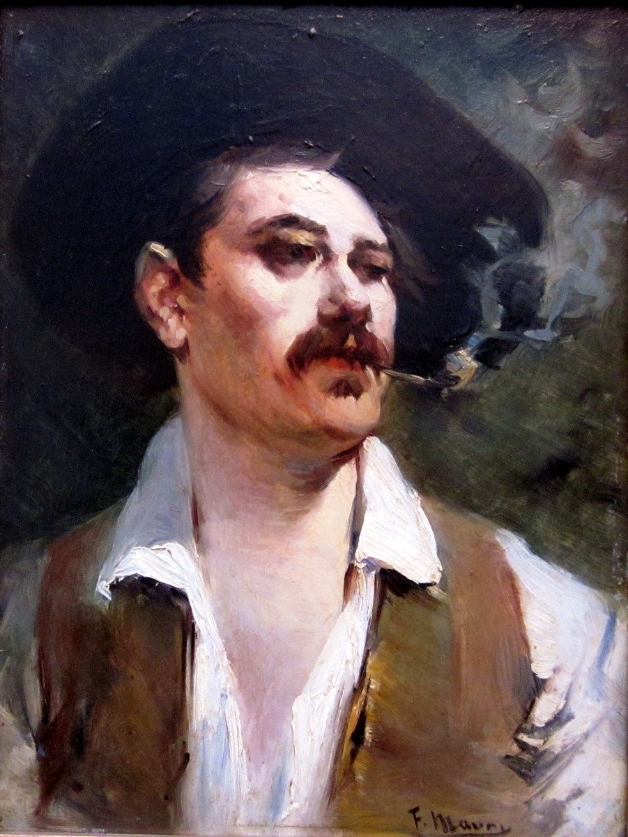 François Maury (1861-1933) Portrait Of A Man In A Hat Smoking A Pipe