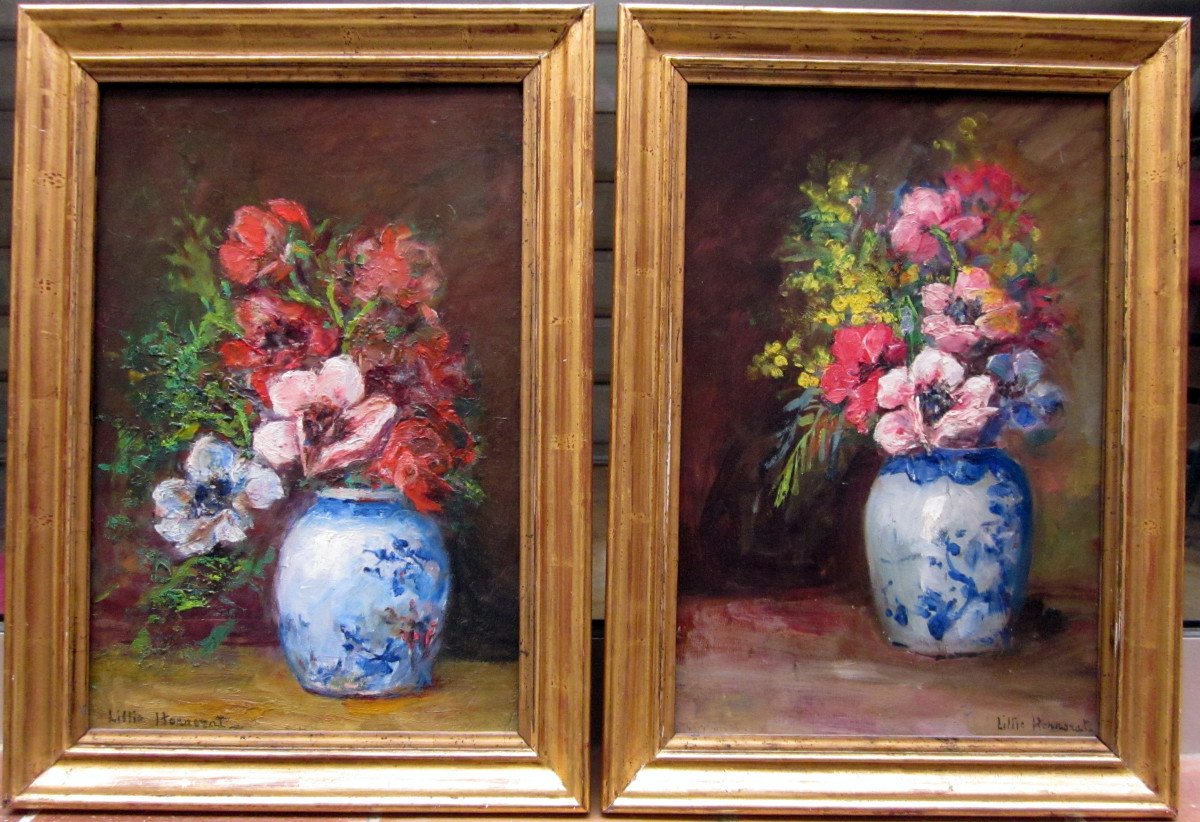 Lillie Honnorat (XIXe-XXe) Paire De Bouquets d'Anémones Et Mimosa