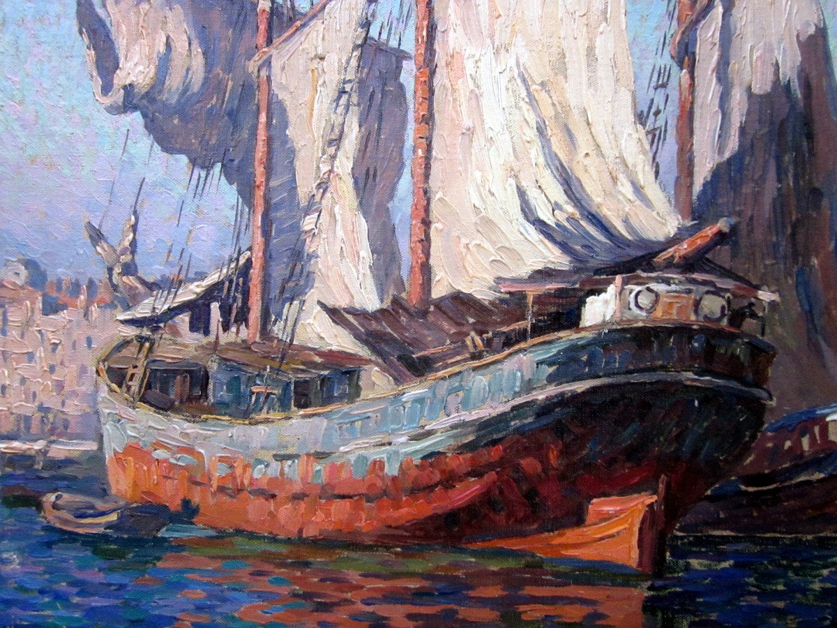 Adrien Hamon (1875-1963) Navires Dans Le Vieux Port De Marseille-photo-3