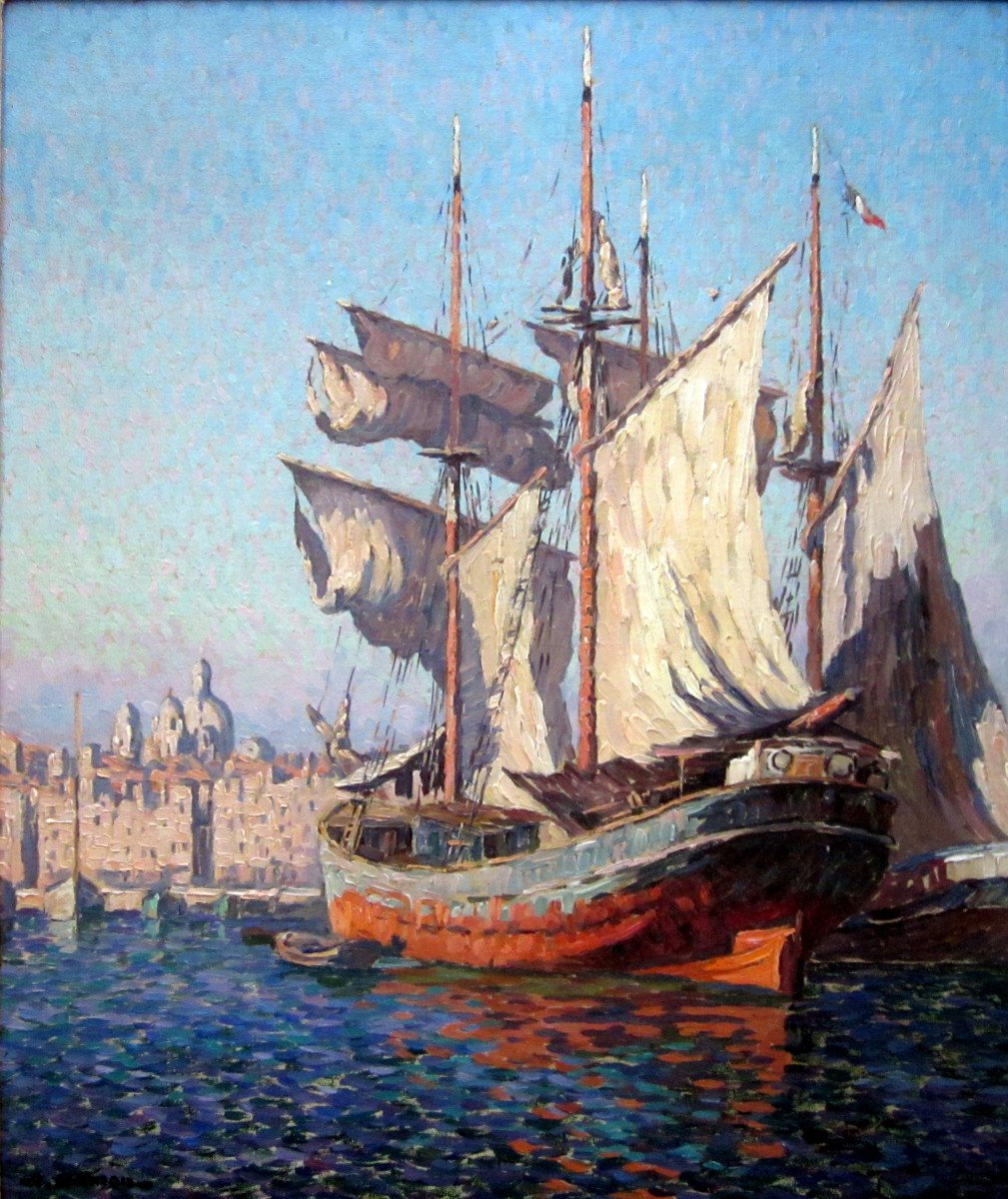 Adrien Hamon (1875-1963) Navires Dans Le Vieux Port De Marseille