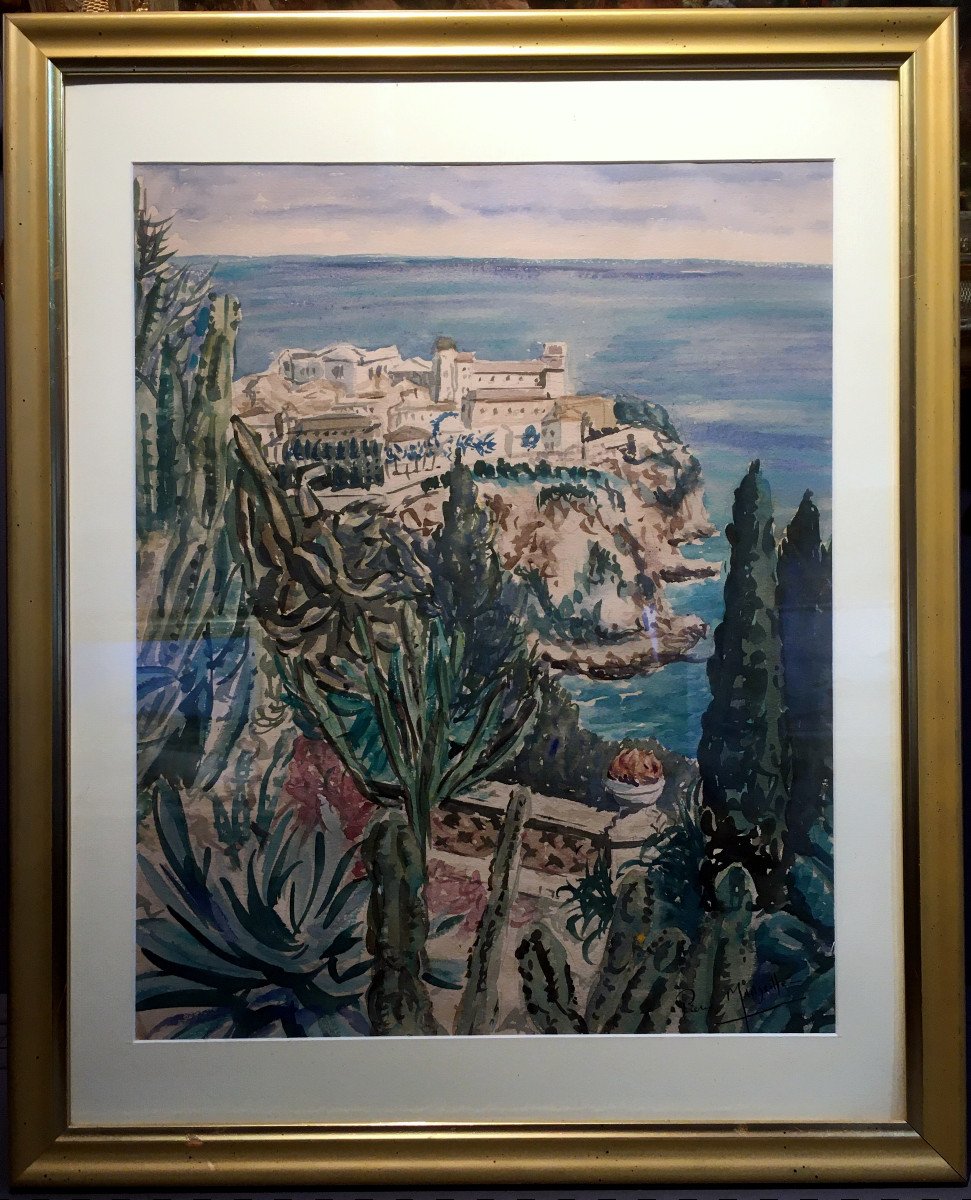 Pierre Marseille (1896-1980) Monaco - The Prince's Palace Seen From The Exotic Garden-photo-2