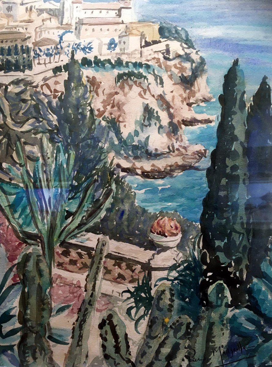 Pierre Marseille (1896-1980) Monaco - The Prince's Palace Seen From The Exotic Garden-photo-3