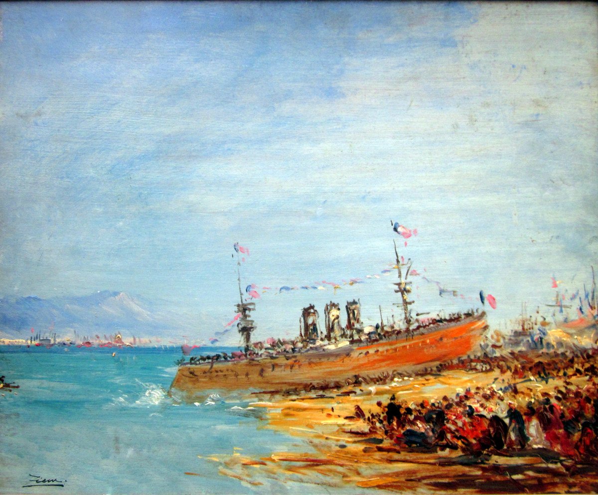 Félix Ziem (1821-1911) Le Lancement d'Un Navire Croiseur Cuirassé à Toulon-photo-1