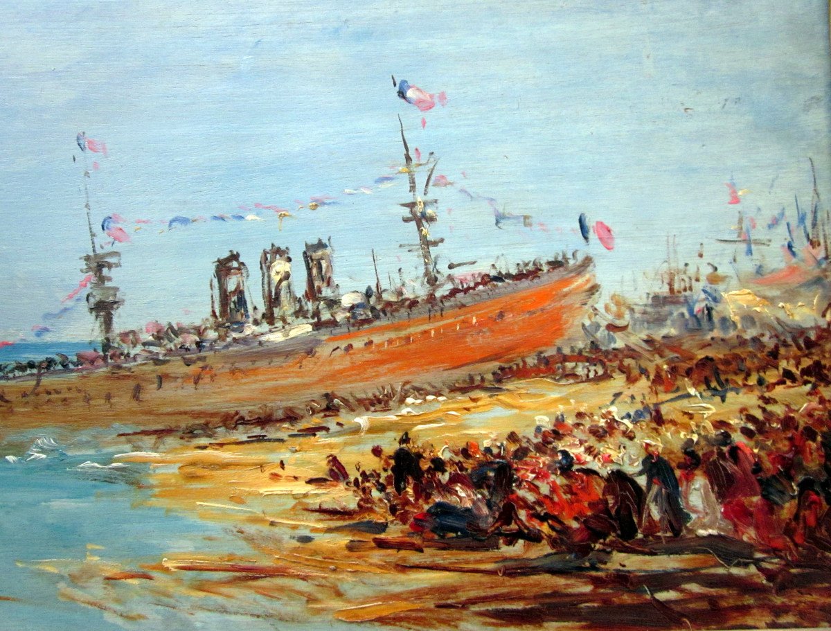 Félix Ziem (1821-1911) Le Lancement d'Un Navire Croiseur Cuirassé à Toulon-photo-3