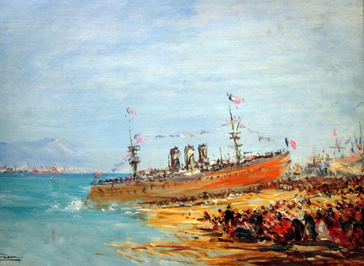 Félix Ziem (1821-1911) Le Lancement d'Un Navire Croiseur Cuirassé à Toulon-photo-4