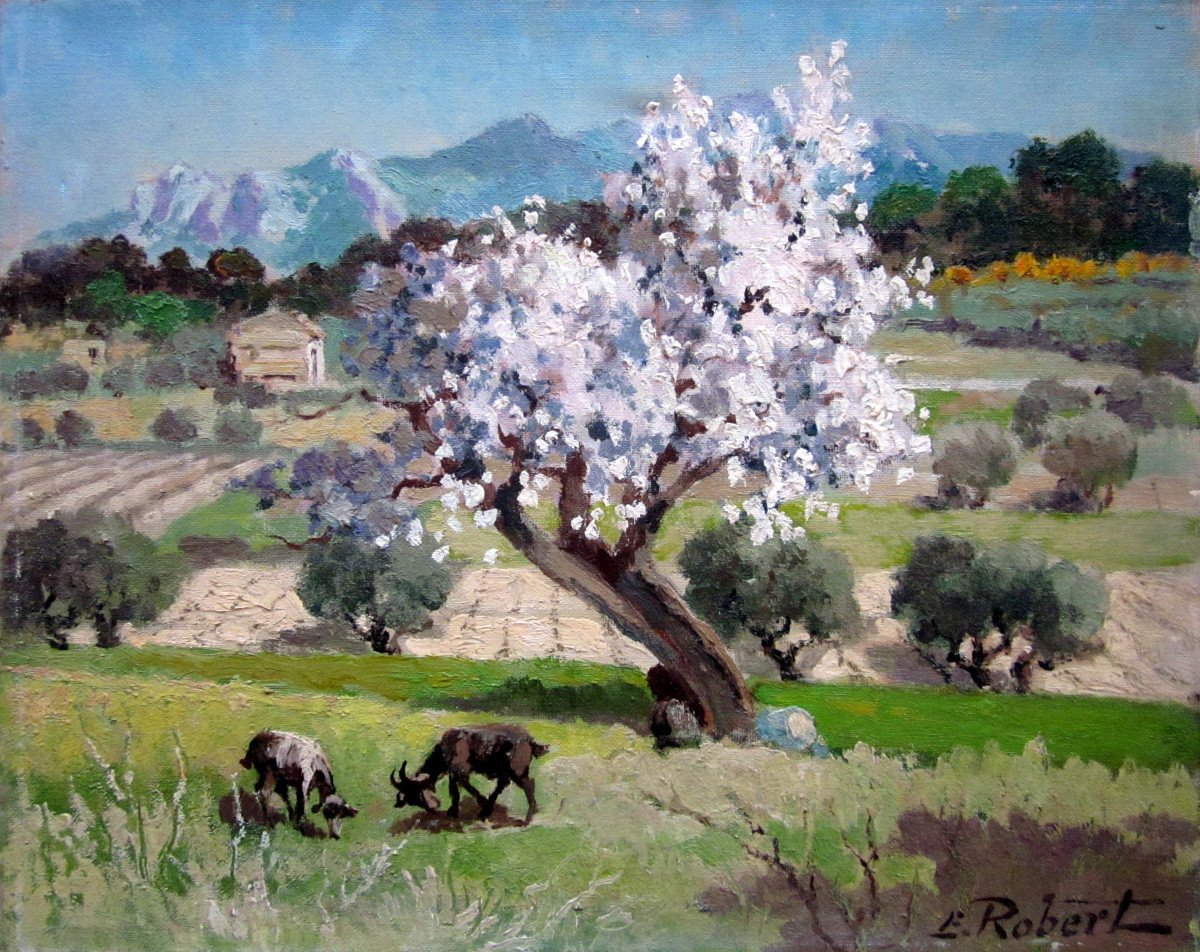 Etienne Robert (1875-1959) Chêvres et amandier en fleurs aux environs de la Sainte Baume