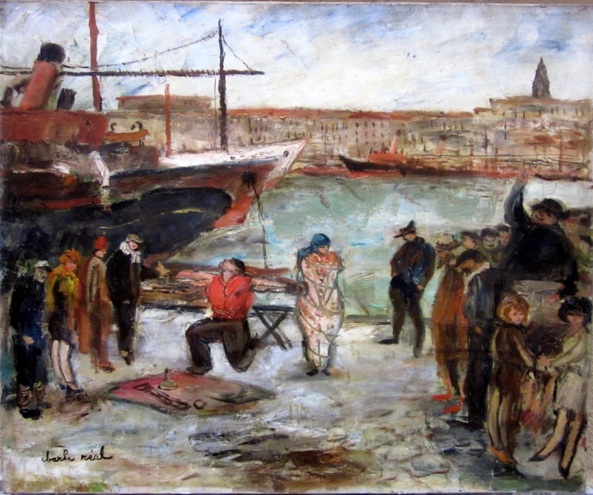 Charles Réal (1898-1979) Saltimbanques On The Old Port Of Marseille