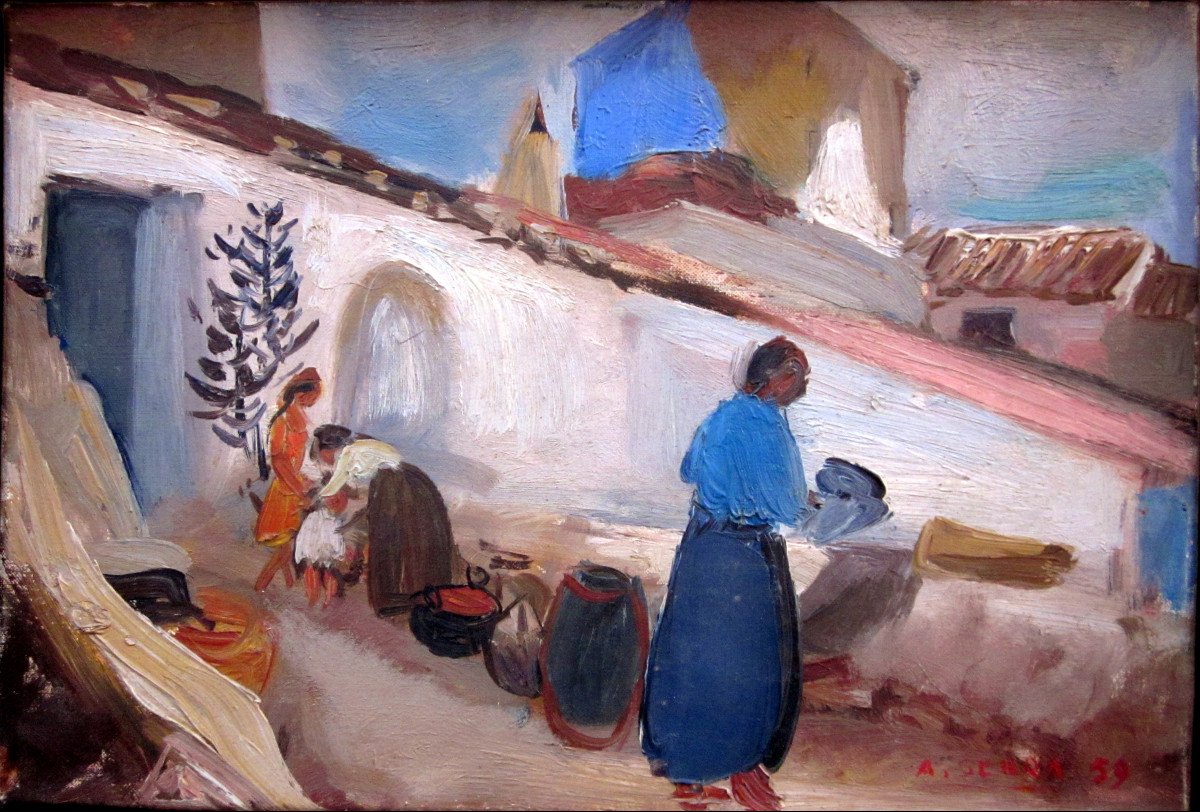 Antoine Serra (1908-1995) Femmes Et Enfants Devant La Ferme à Oliena - Sardaigne 1959