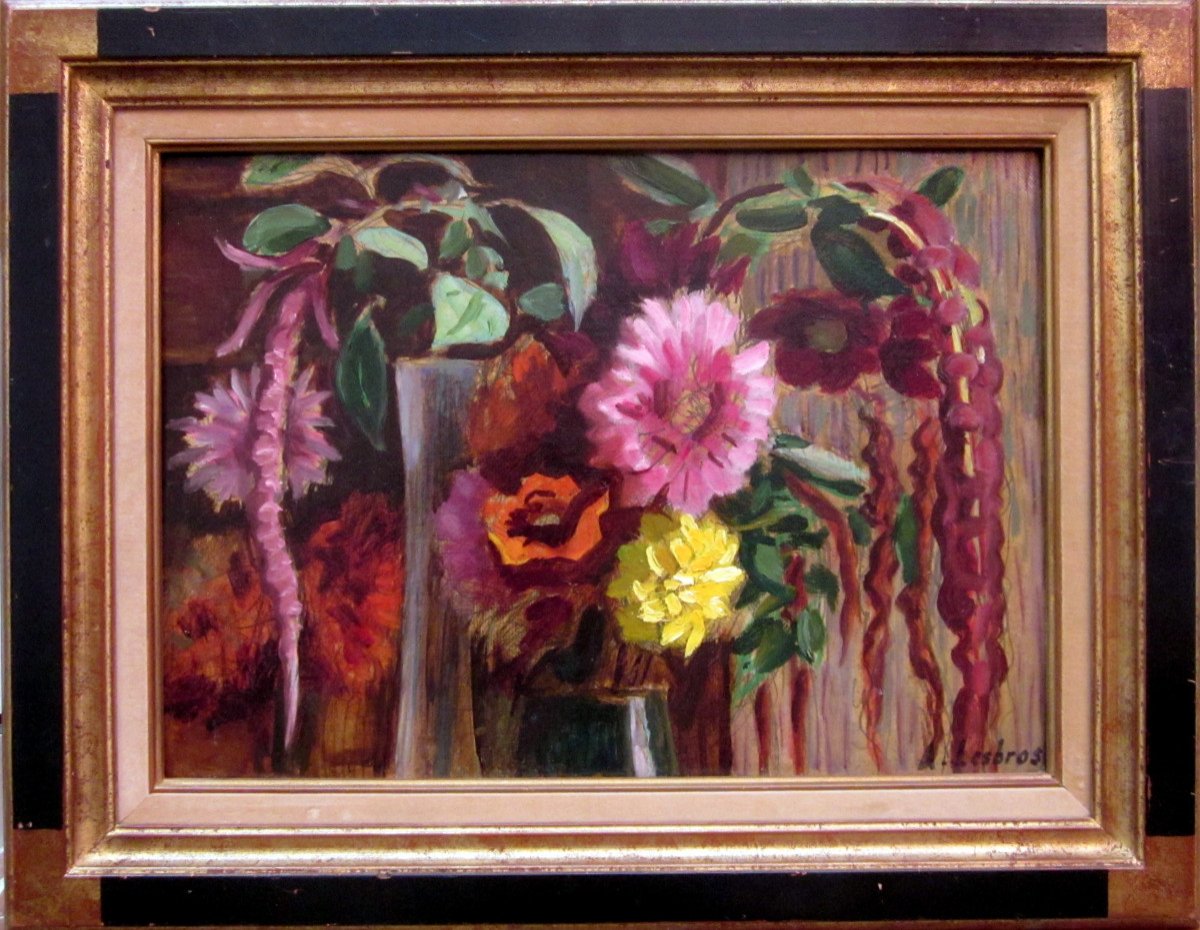 Alfred Lesbros (1873-1940) Bouquet De Fleurs - Amarantes-photo-2