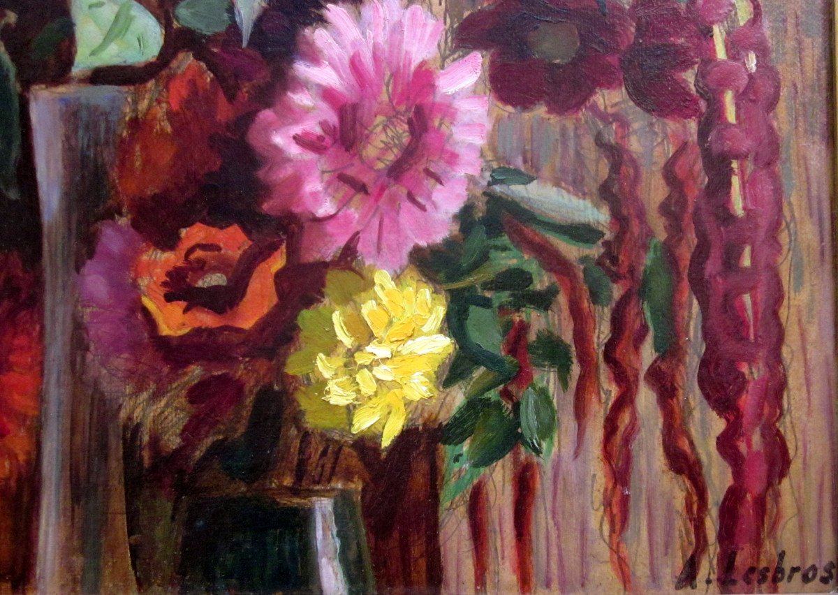 Alfred Lesbros (1873-1940) Bouquet De Fleurs - Amarantes-photo-1