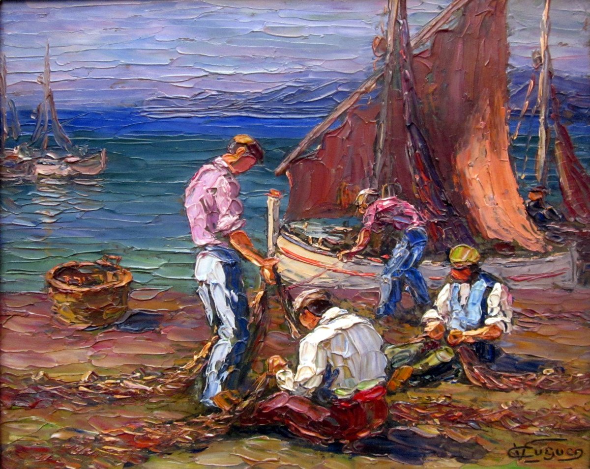 Victor Cuguen (1882-1969) Pêcheurs Ravaudant Leurs Filets