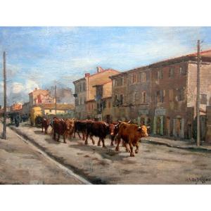 Walter Biddlecombe (1855-1903) Herd Of Cows Passing Through The Village