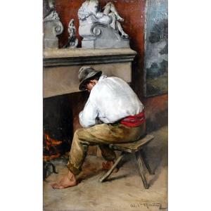 Alphonse Moutte (1840-1913) Le Repos Devant l'âtre 