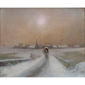 Joseph Million (1861-1930) Paysage De Neige à La Tombée Du Jour